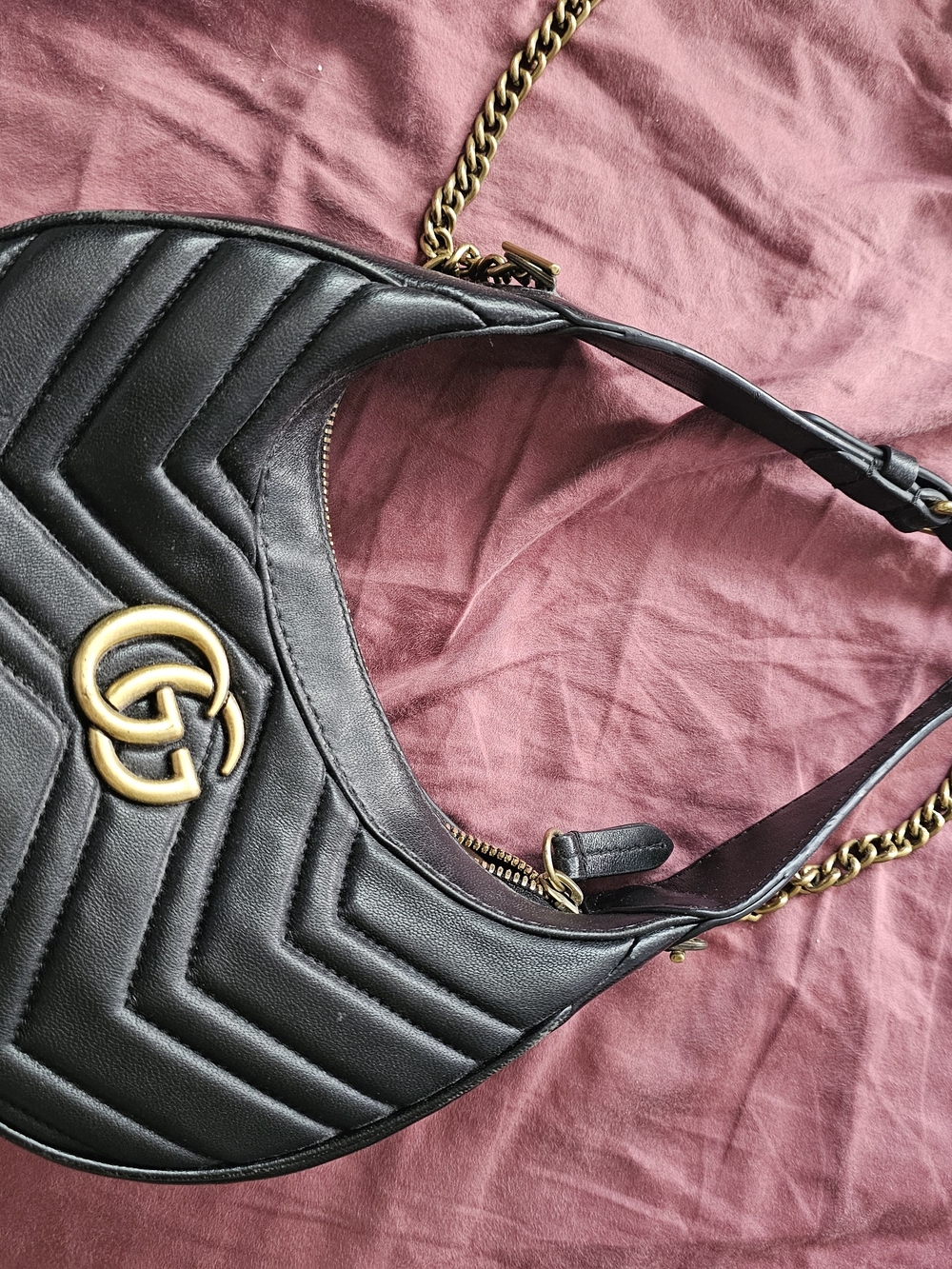 Gucci Black Quilted Crescent Shoulder Bag with Gold Chain